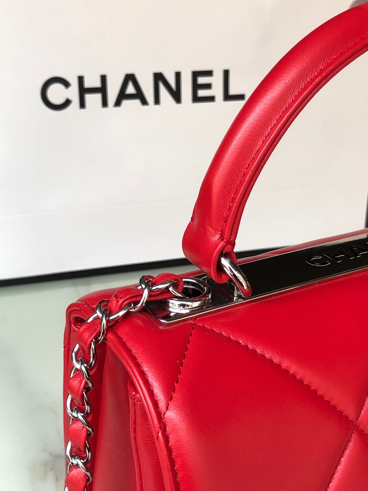 Ch**el FLAP BAG WITH TOP HANDLE 6.6 × 9.8 × 4.7 in