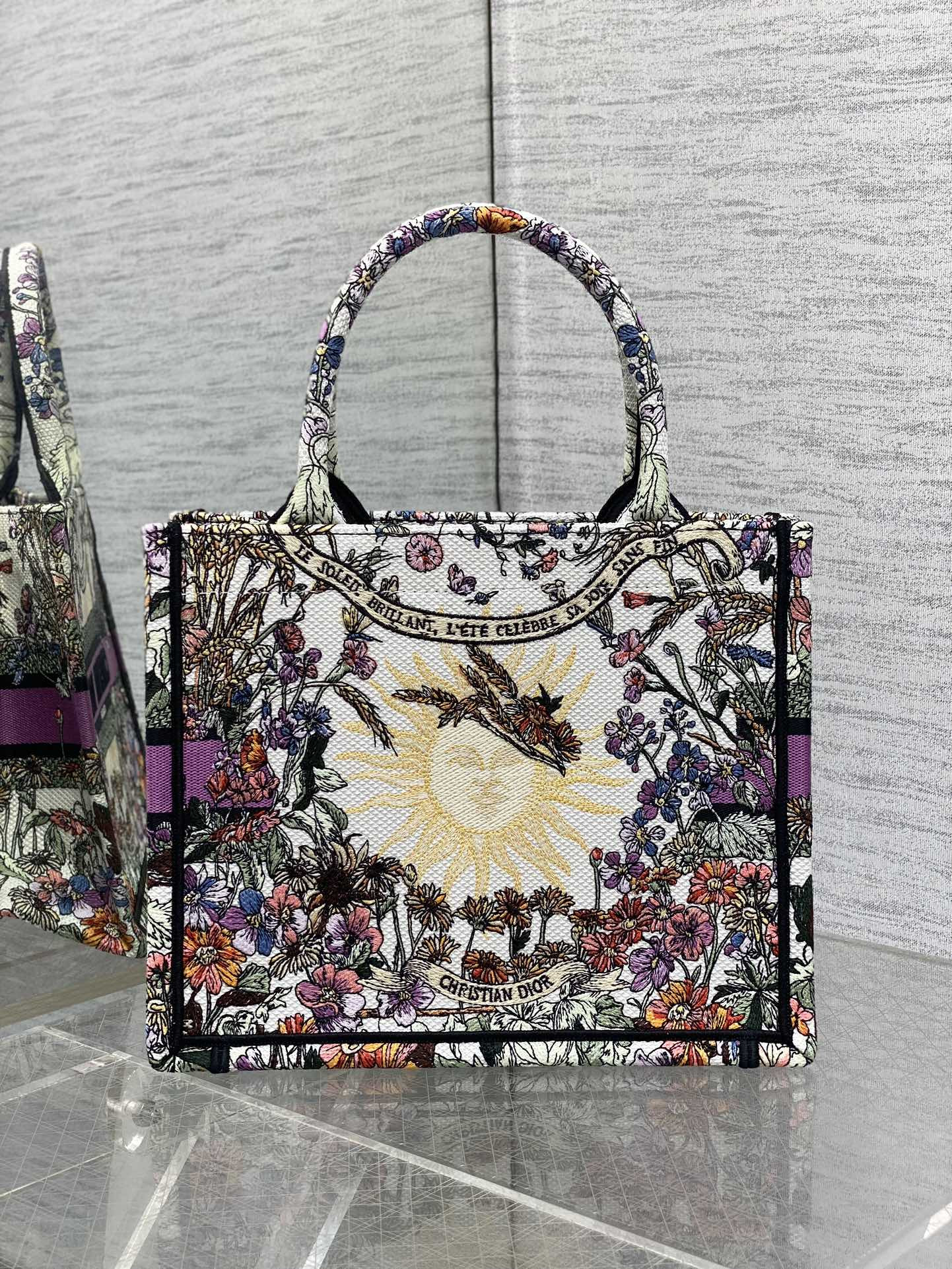Small D10r Book Tote Ecru Multicolor D10r 4 Saisons Été Soleil Embroidery 26x8x22cm