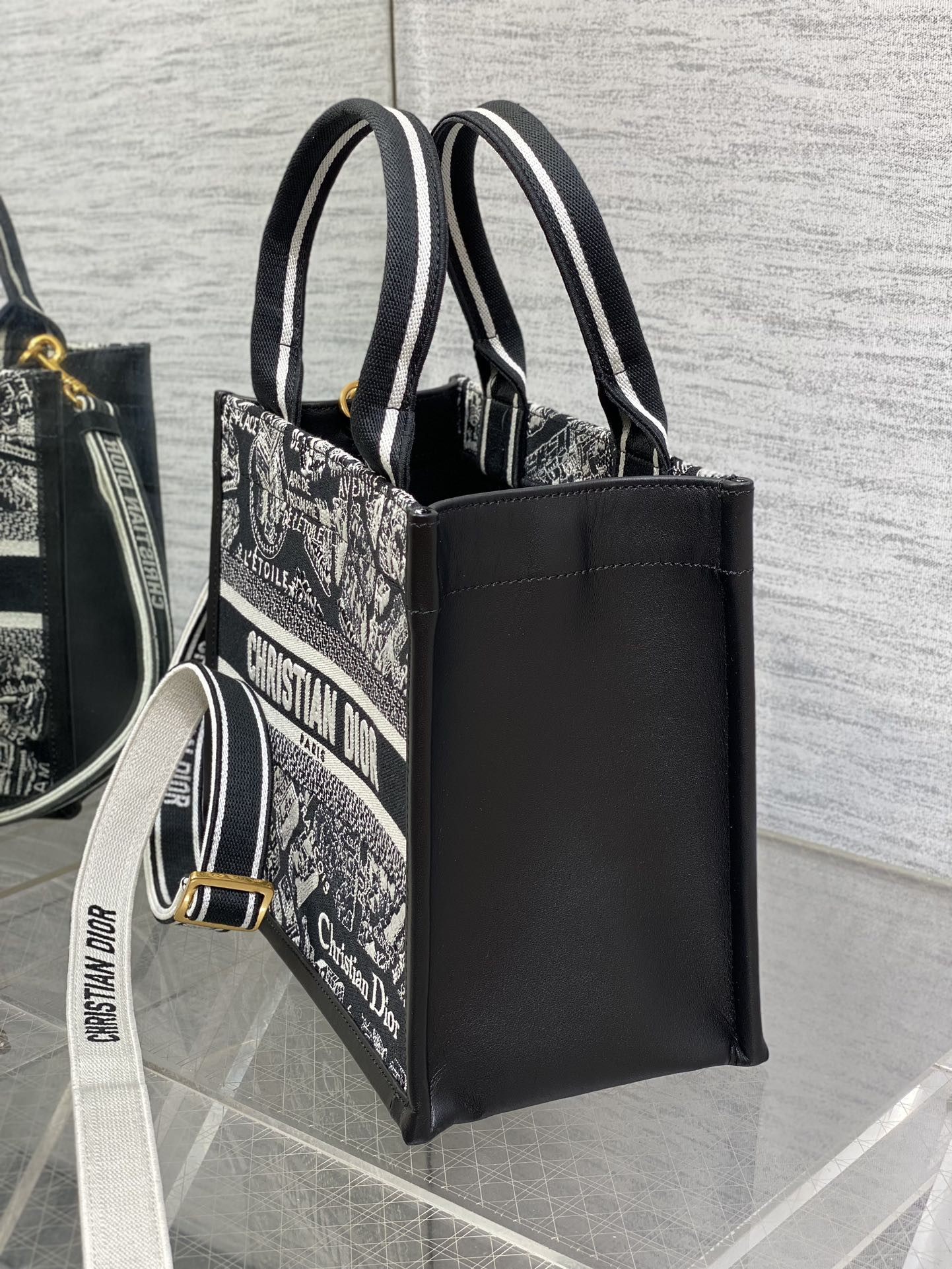 D10r Small D10r Book Tote White and Black Plan de Paris Embroidery and Black Calfskin 26.5 x 21 x 14 cm