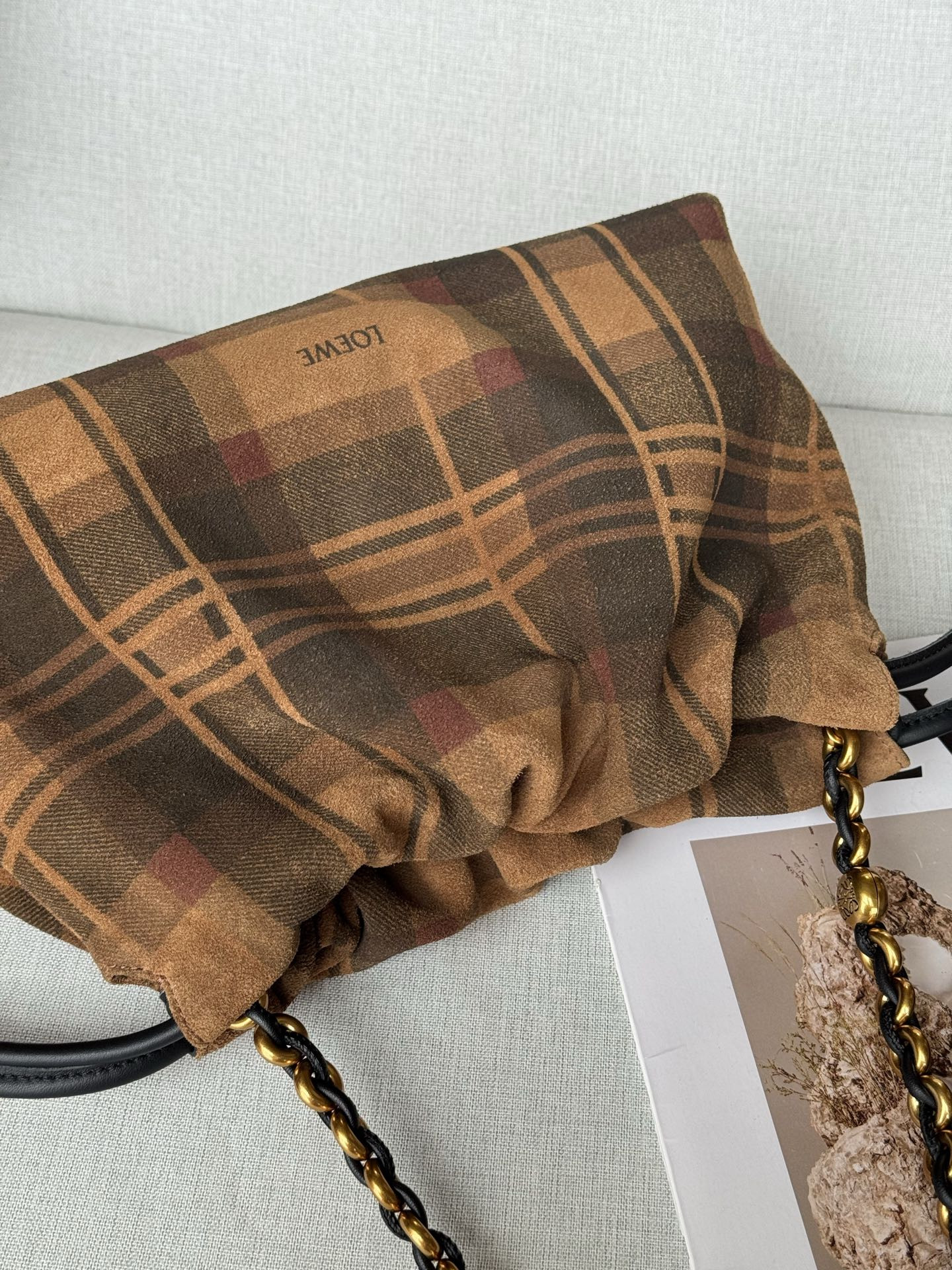 L0ew* Medium Flamenco Purse in Tartan Suede 20x30x10.5cm